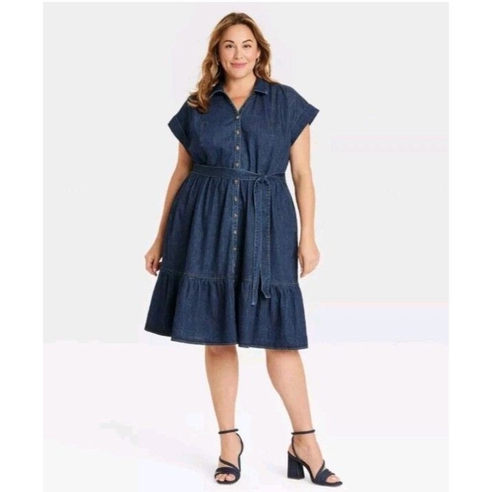 Ava & Viv Womens 2X Chambray Denim Tiered Shirt Dress Button Front Blue Plus Sz